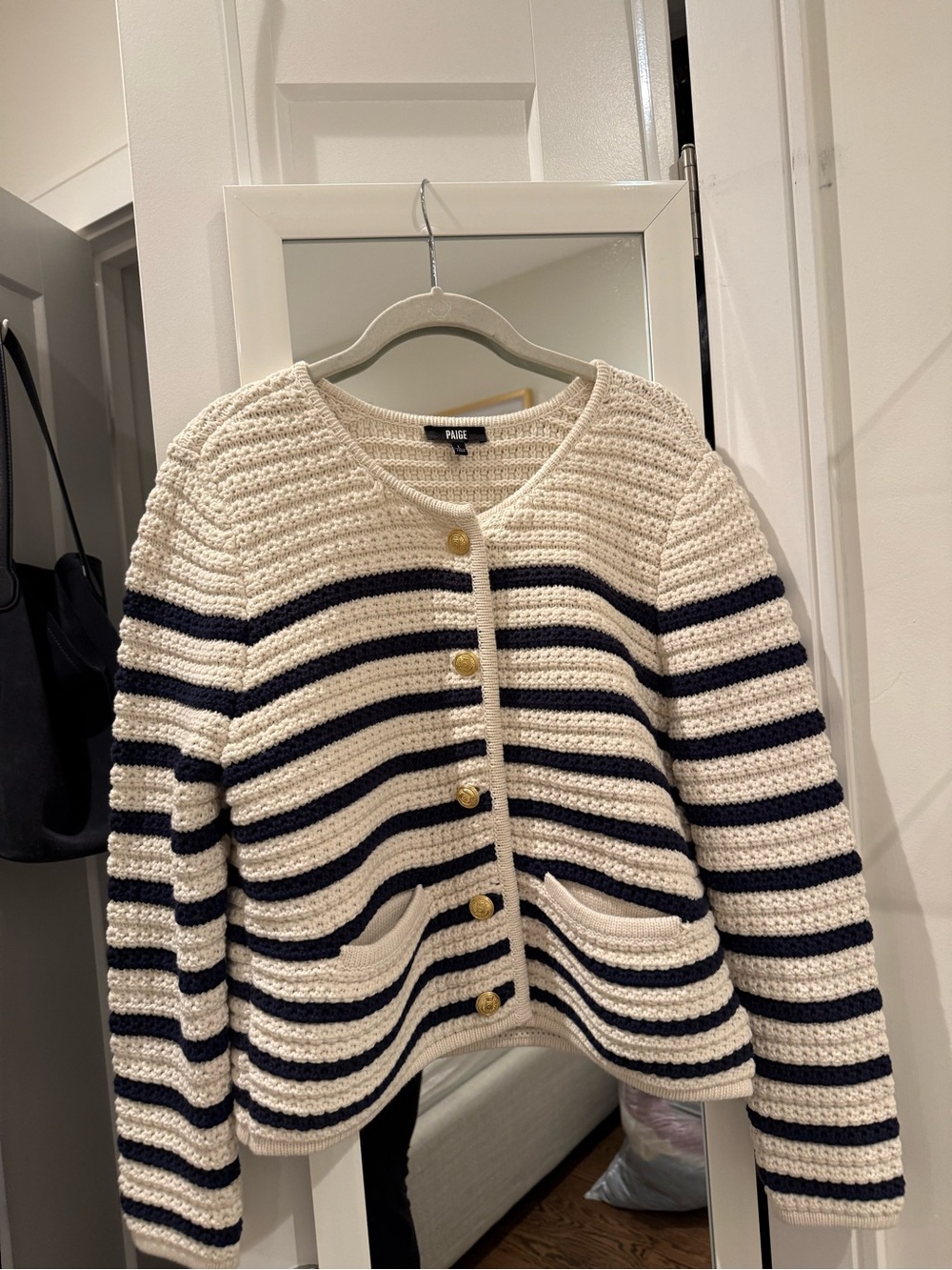 PAIGE Cream and Navy Striped Crochet Cardigan with Gold Buttons